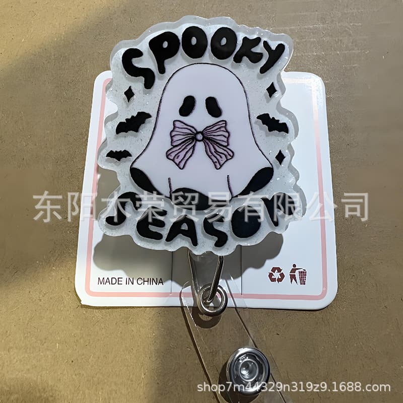 Cross-Border Amazon Acrylic Glitter Creative New Halloween Skeleton Novelty Retractable Badge Clip with Pull-Tab