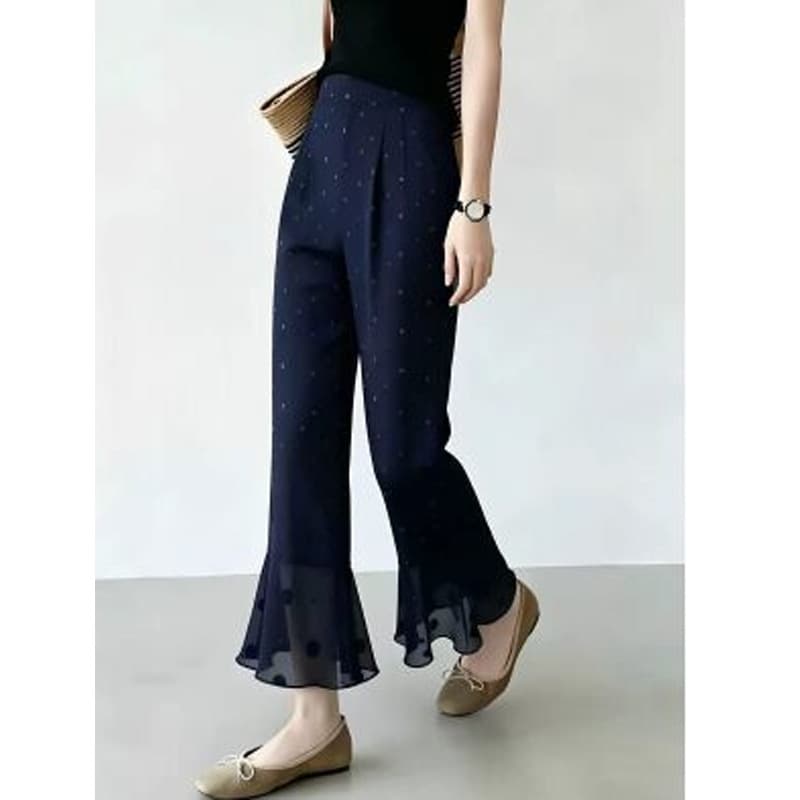 Navy Blue Polka Dot Flared Ankle Pants Women 2026 Summer New Slim Wide Leg Pants Versatile Thin Casual Pants