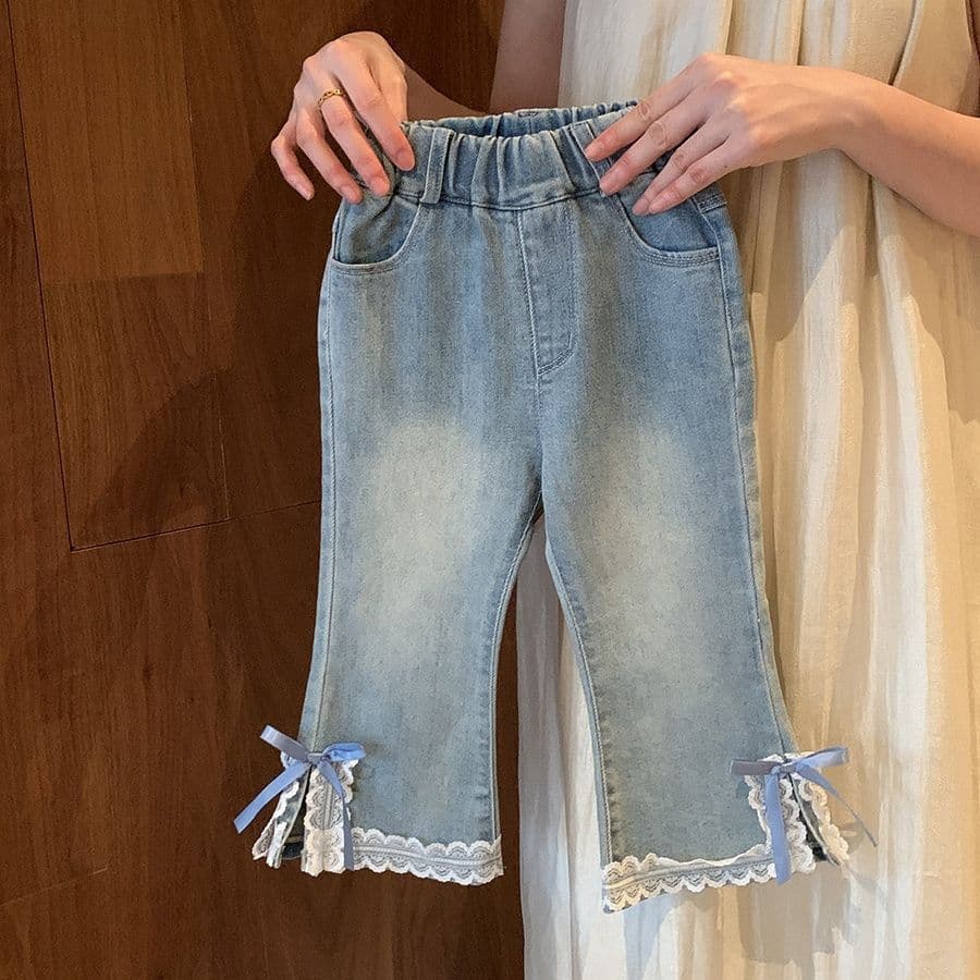 Girls jeans denim slit 2025 new lace spring and autumn bell bottoms baby trousers western style children's casual