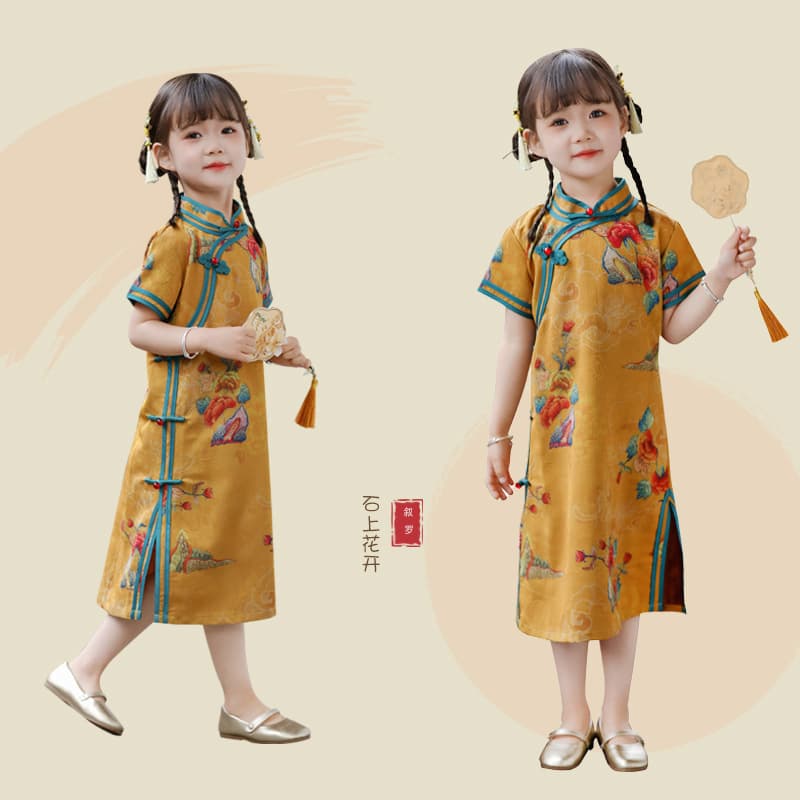 New Style Children's Cheongsam, Girl's Vintage Tang Suit Dress, Summer Improved Hanfu, Mid-Length Retro Skirt for Girls