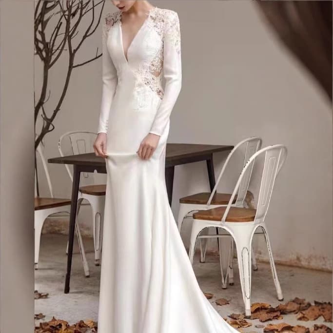 New Wedding Dress for Amazon, AliExpress, Wish - Round Neck, Lace Long Sleeves, Satin, Slimming, Customizable Plus Size
