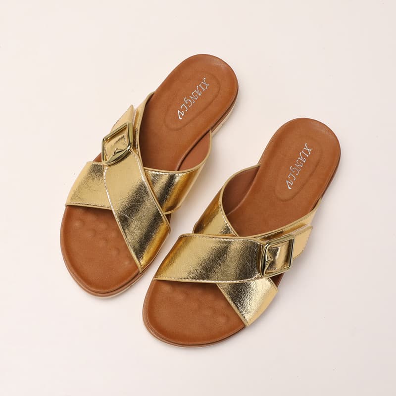 Thick Sole Travel Beach Sandals Summer Outdoor Simple Fashion Square Buckle Cross Strap Flip Flops 6020-50