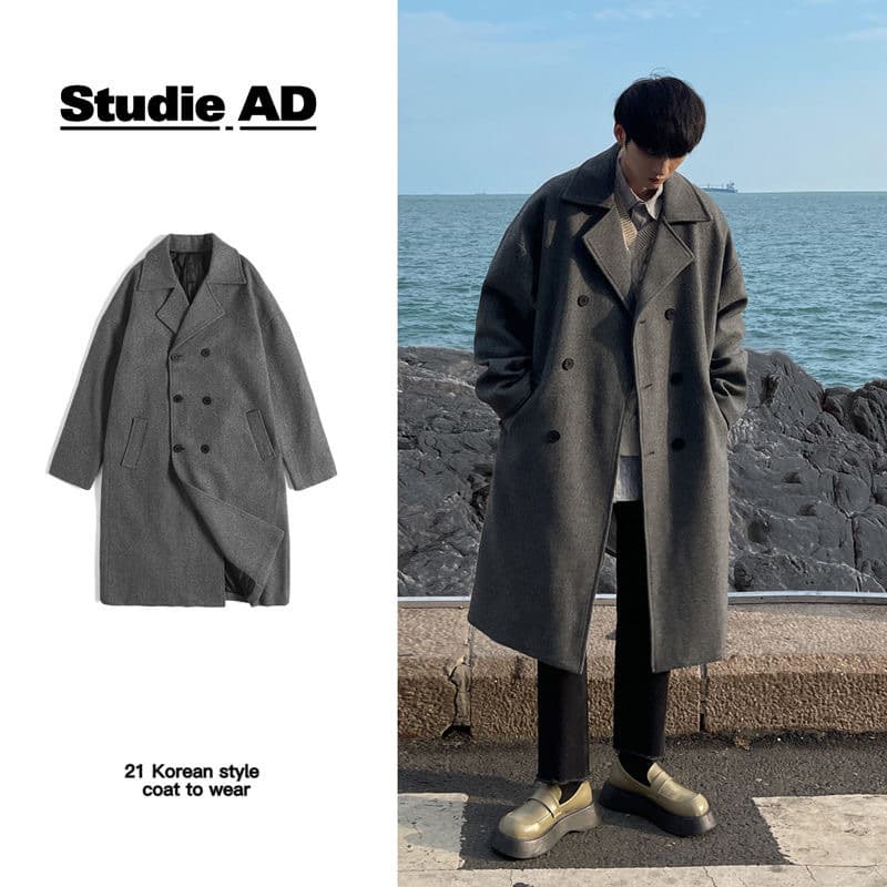 Winter Wool Overcoat Men's Mid-Length Knee-Length Notched Lapel Double-Breasted Wool Trench Coat Thickened Ins Trend