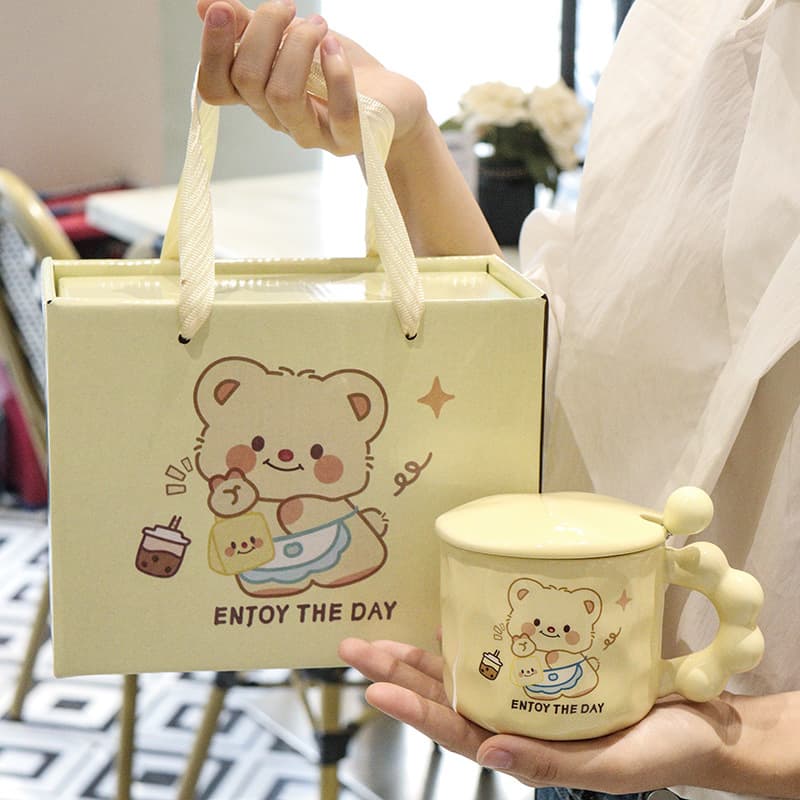 Cute Bear Ceramic Mug High Aesthetic Value Birthday Gift with Lid And Spoon Good Looking Cup Office Coffee Mug Couple Home Use