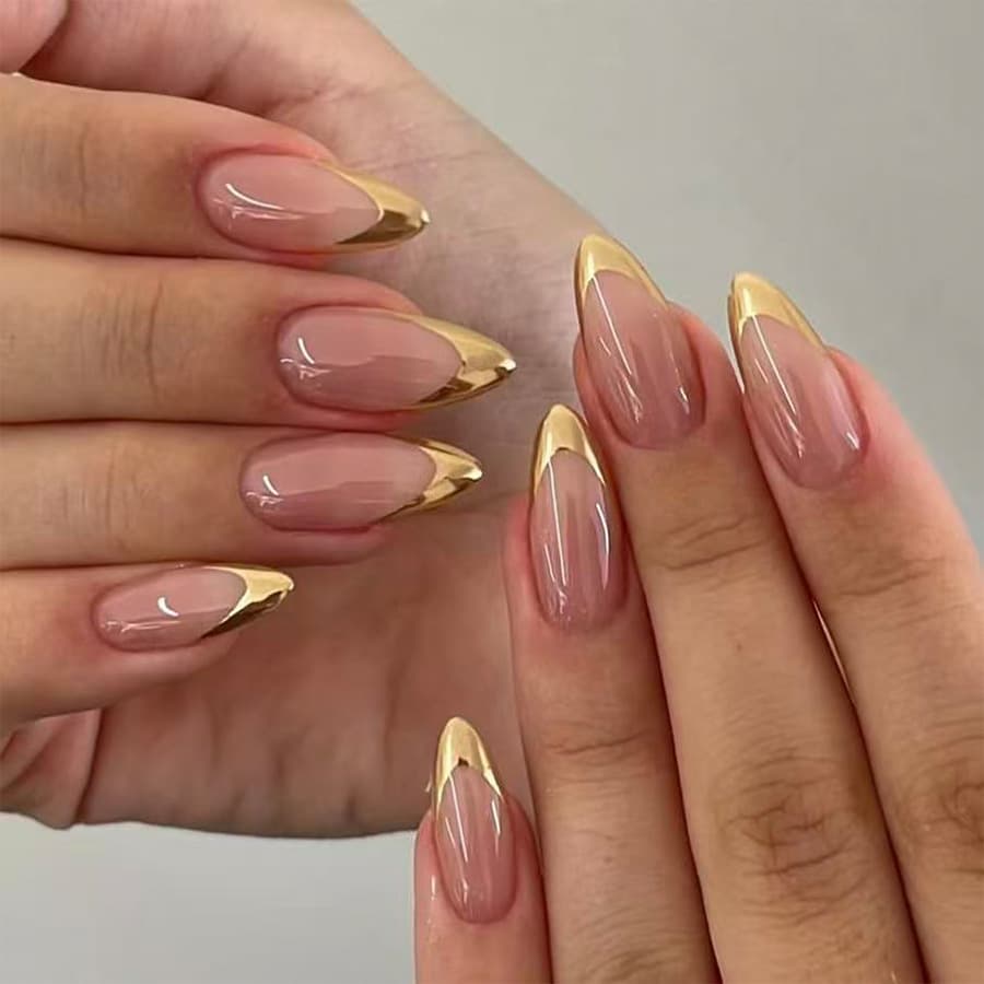 Medium Size Glossy Drop Nails, European and American Cross-Border Trade Electroplated Gold Edge French Pointed Light Luxury Style Minimalist Wearable Nails 24 Pieces