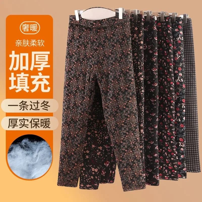 New winter style cotton pants for middle-aged and elderly women, warm, high-waisted, floral print, extra thick, slim-fit pencil pants.