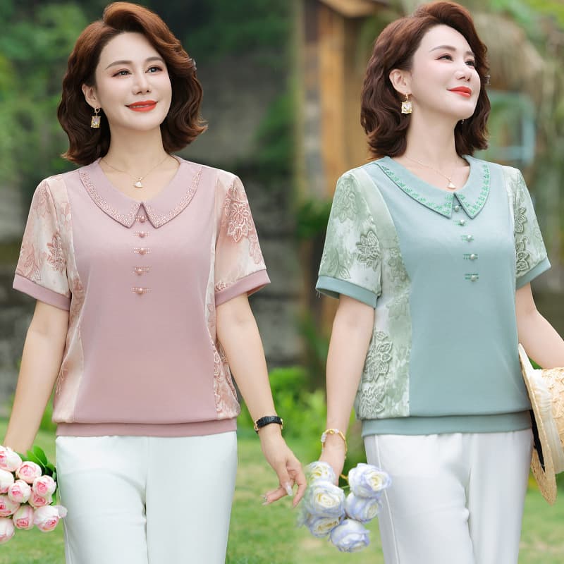 Short Sleeve Knit Top for Petite Moms, Doll Collar Blouse for Middle-Aged Women, Short Printed T-Shirt