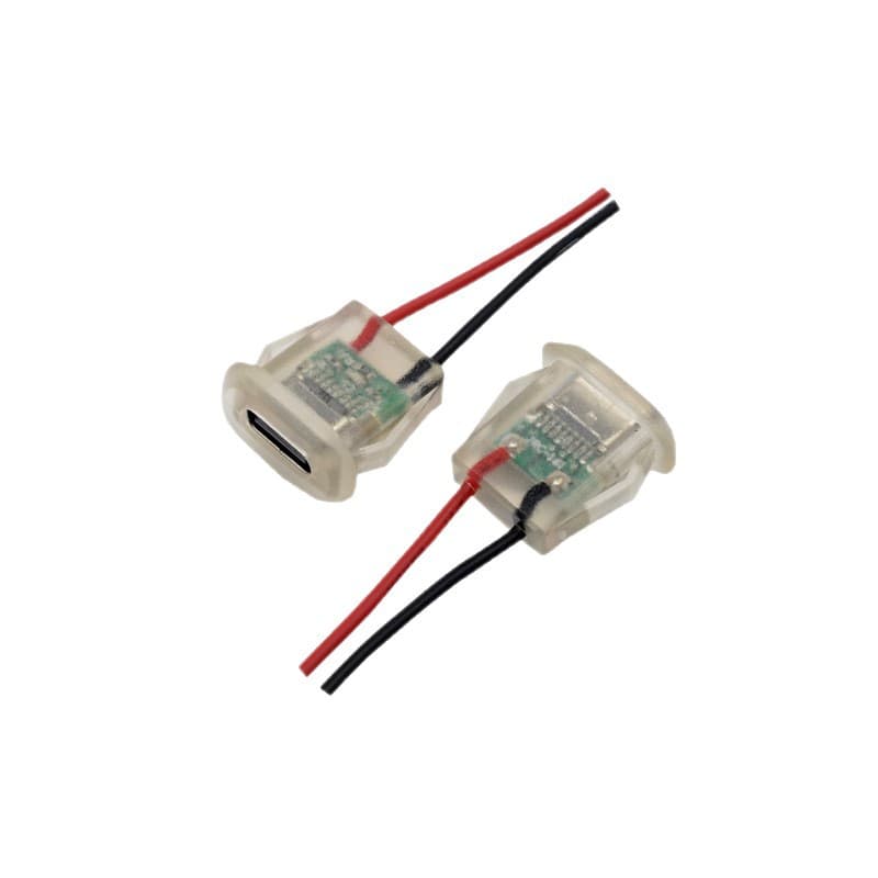 Waterproof TYPE-C Female Socket with LED and Wire, 2-Pin, Transparent, Square Snap-in, Direct Press Injection Molding, Waterproof Type-C