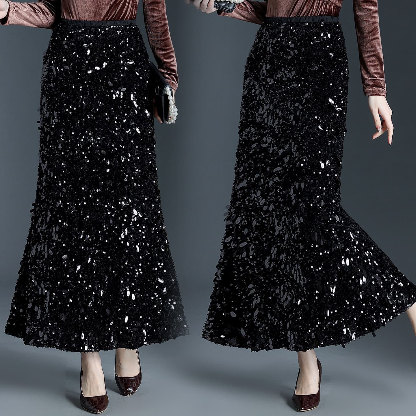 Glittery Mermaid Maxi Skirt for Women, Autumn/Winter Chanel-Style Skirt, Luxury High-End Bodycon Half Skirt