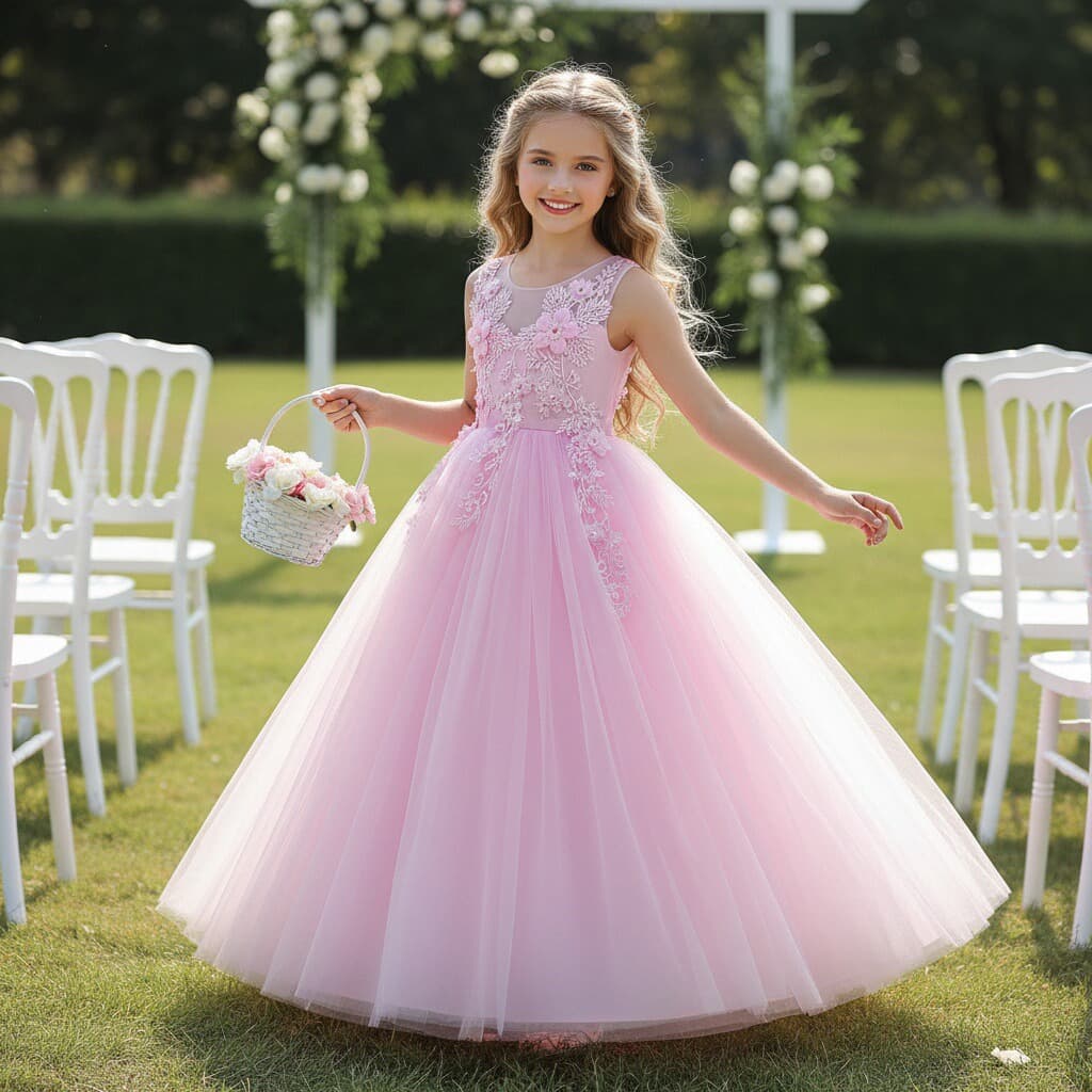 Girls Long Lace Tulle Dress Children's Formal Wear Princess Gown Performance Dress Polyester Cotton Blend Summer Autumn Winter