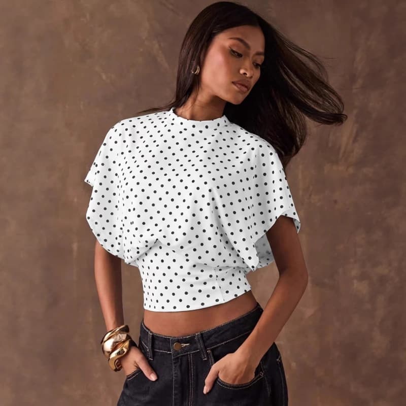 New Cross-Border Foreign Trade Style, European and American Retro Polka Dot Batwing Sleeve Waist-Cinching Short Top, French Style Slimming Crop Top