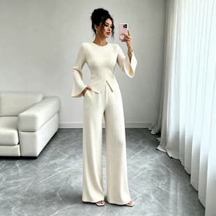 2026 Fall/Winter New European and American Cross-Border Soft Texture Knit Flared Sleeve Top with Flowing Wide-Leg Pants Two-Piece Set