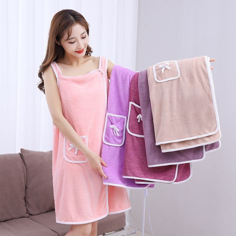 Coral Fleece Strap Bath Dress Soft Thick Absorbent Quick-Dry Cute Bow Pocket Wearable & Wrap