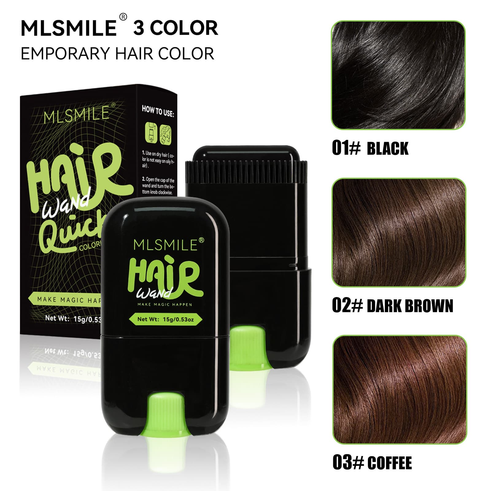 Cross-Border MLSMILE Hair Color Stick Covers Gray Hair Temporary One-Time Natural Three Colors Portable Non-Damaging Hair Dye Pen