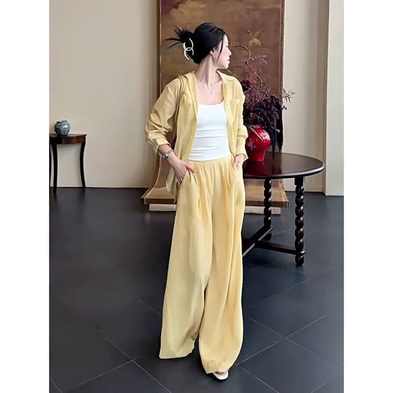 Vintage Chic Retro Shirt Set for Women Spring Summer Stylish Casual Sun Protection Shirt with Wide-Leg Pants Two-Piece Set