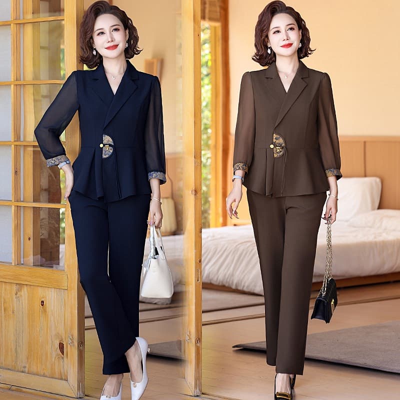 New Chinese Style Mother's Spring and Summer Casual Suit Women's Retro Style Middle-Aged and Elderly Tops Age-Reducing Summer Two-Piece Set