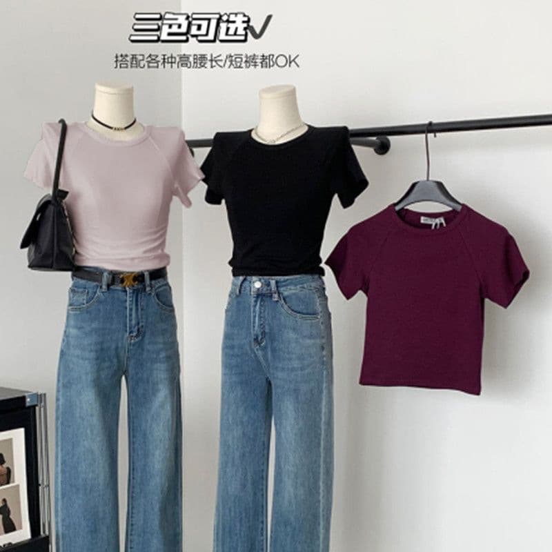Cotton Short Sleeve T-Shirt for Women Summer New Short Top Fitted Slim Basic Tee Ins