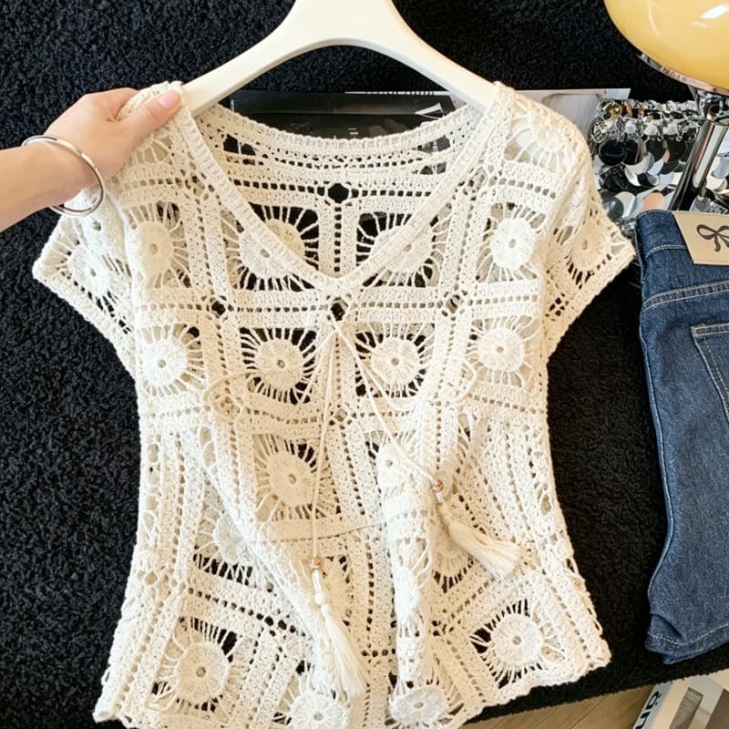 Fashionable V-neck crocheted hollow long-sleeved lace bottoming shirt for women in autumn new Korean style loose and versatile niche top