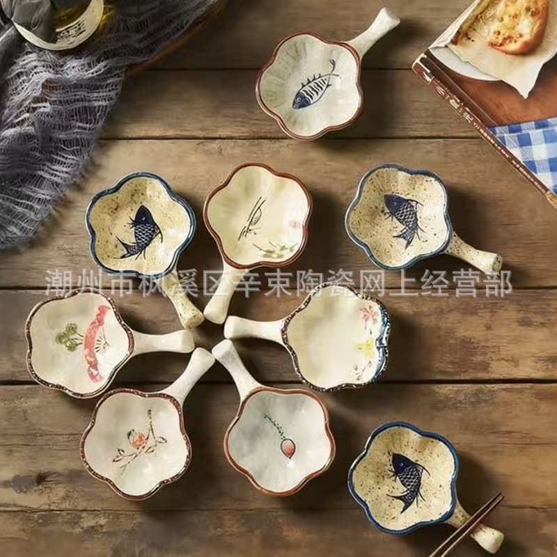Hand-Painted Ceramic Plate with Handle Small Seasoning Plate Vinegar Soy Sauce Dual-Purpose Chopsticks Holder Flavor Dip Plate