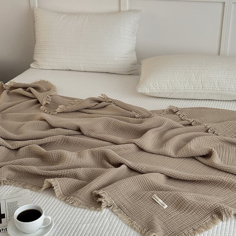 Pure cotton Maillard color scheme gauze blanket, all-cotton fringed luxury simple nap single blanket, class A air-conditioning towel blanket