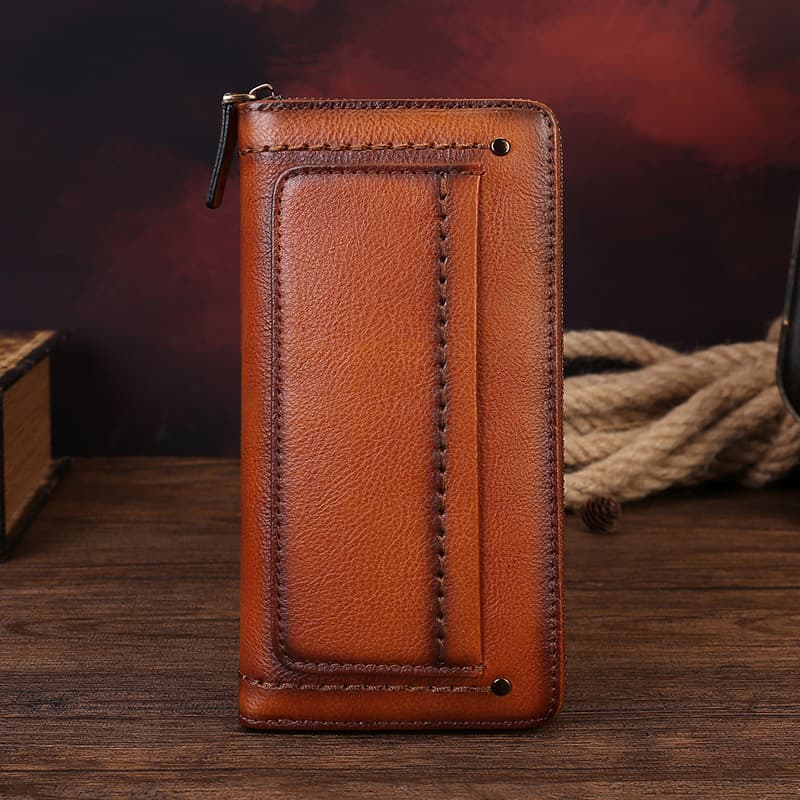 Cross-Border New Men's Wallet Amazon Hot Selling Men's Long Wallet Large Capacity Metal Vegetable-Tanned Leather Card Holder