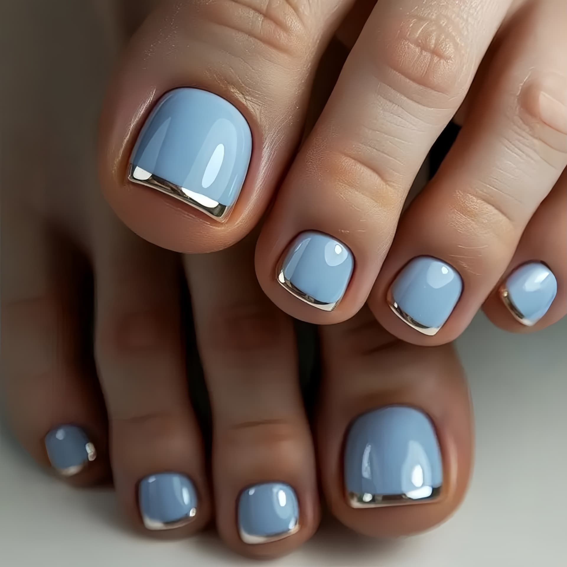Light Blue Silver French Pedicure Toenails Glossy Square Toe Fake Toenails European and American Fashion Toenails