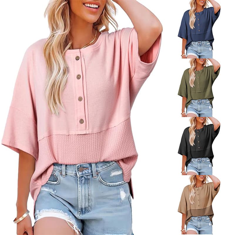 Amazon 2025 Summer New European and American Cross-border Women's Fashion Seven-point Sleeve Casual Buckle Crewneck Stitching T-shirt