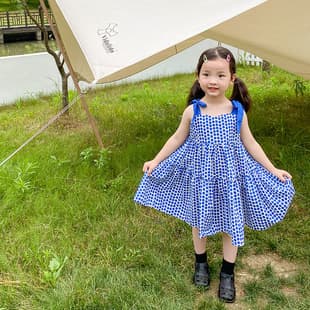 Customizable Girls' Unique Design Blue Bow Tie Strap Dress Korean Princess Vest Dress