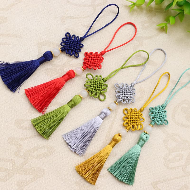 No. 7 Cord Six-Loop Chinese Knot Tassel, Six-Loop Double Victory Knot with Jade Bead Tassel, USB Drive Sachet Bookmark Pendant Small Size