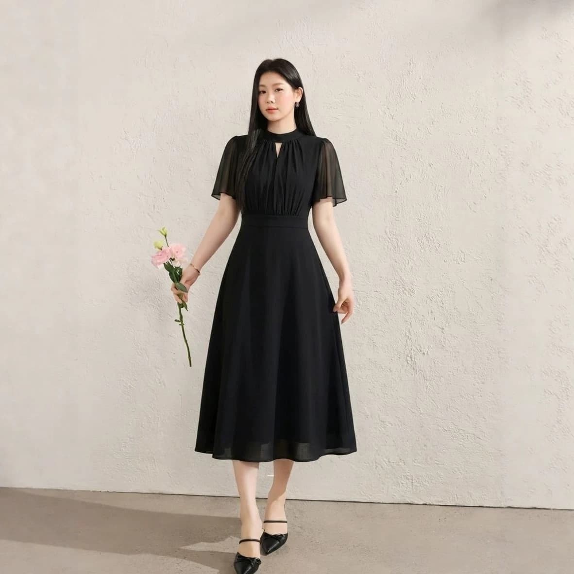 [Ready stock] Black long dress for women 2026 summer large size splicing temperament waist slimming gentle style long dress