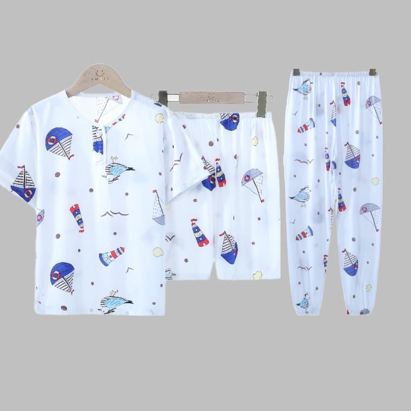 Children's cotton silk pajamas, boys' summer short-sleeved three-piece set, medium and large children's air-conditioned clothes, bloomers, boys' home clothes