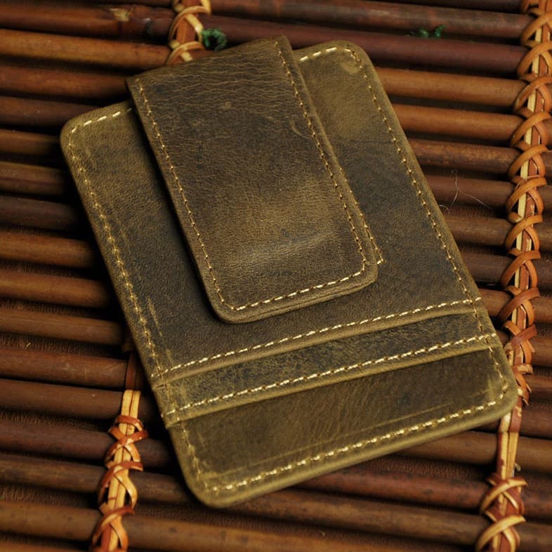 First Layer Crazy Horse Cowhide Export Men's Practical Multi-Card Slot Dollar Clip Mini Magnetic Buckle Wallet Card Bag W1058