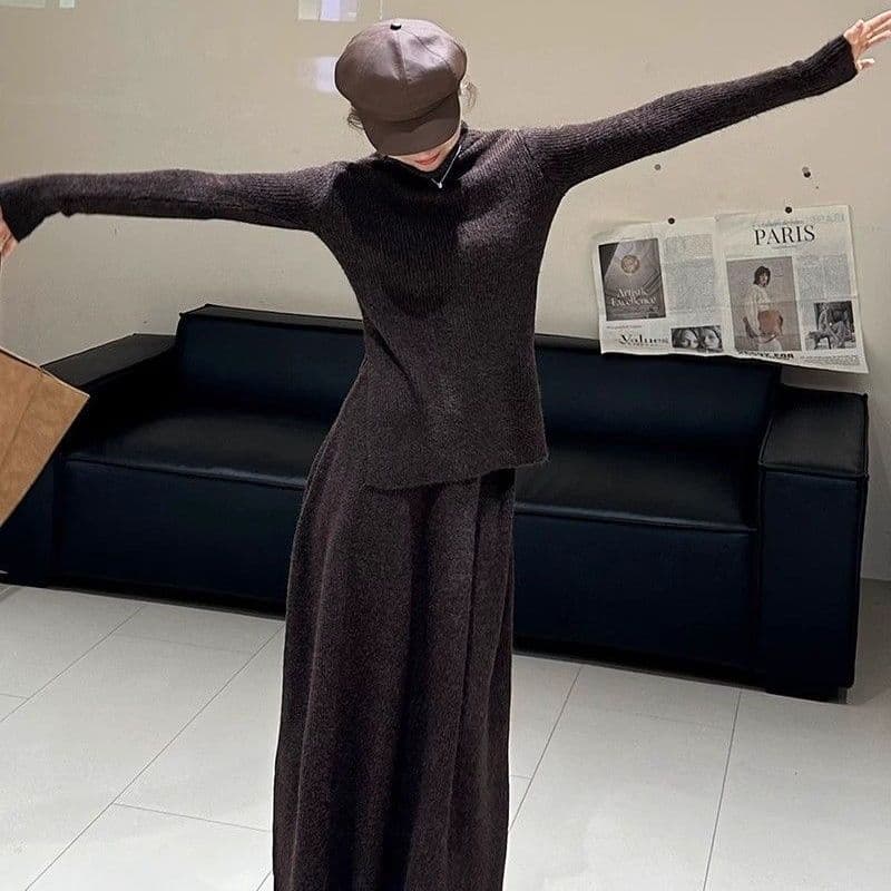Fashionable High-Neck Knit Set Women's Autumn/Winter New Korean Style Thickened Slim High-Waist Long Skirt Two-Piece Set