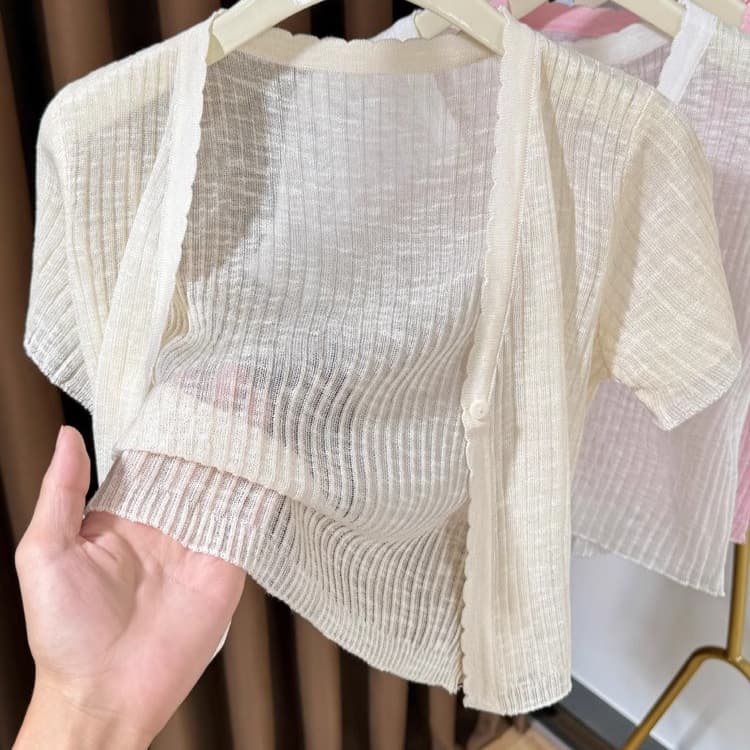 Ice Silk Lace V-Neck Knitwear Right Shoulder Short-Sleeved Cardigan New Shawl Sun Protection Blouse Top Women's Summer High-End
