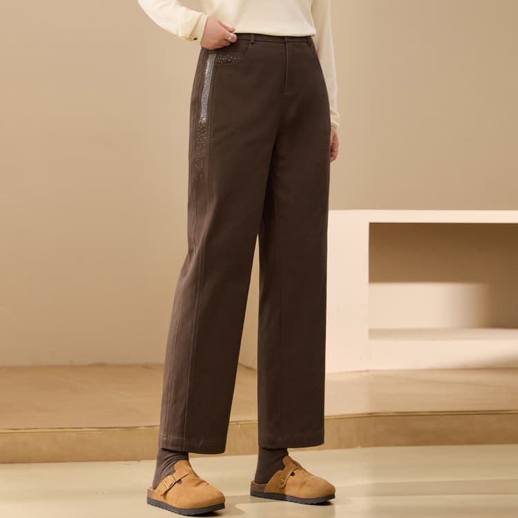 【Slimming Fleece Pants】Xianlixiu Plus Size Women's Fashionable Rhinestone Straight-Leg Pants for Curvy Women, 2025 Winter New Arrival