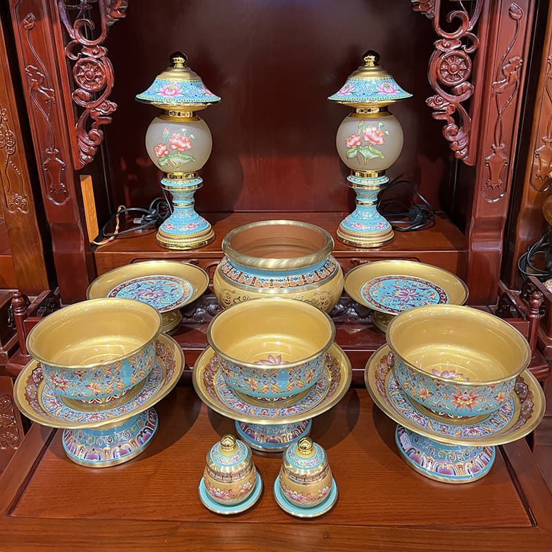 Pure Copper Tianrun Buddhist Set Ritual Items Household Indoor Offering Set Water Cup Vase Fruit Plate Incense Burner