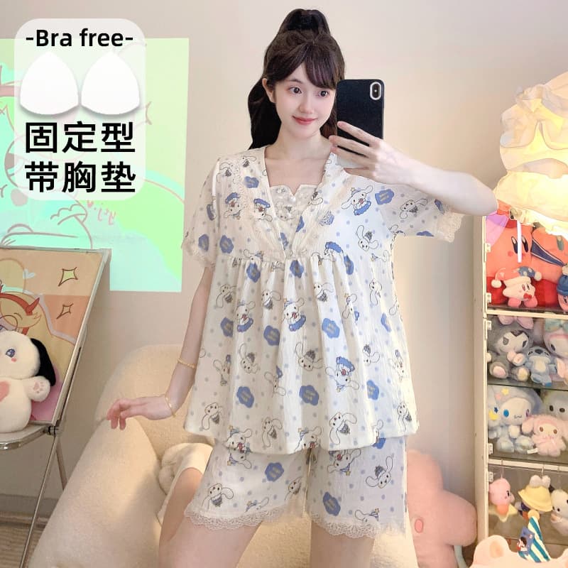 Sweet Cartoon Print Pajamas Women's Summer Cloud Cotton Short Sleeve Shorts Two-piece Set Large Size Loose Home Clothes