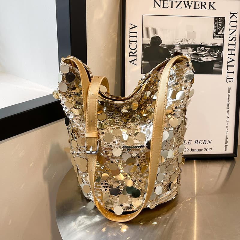 Trendy Sequin Designer Bag 2024 New Women's Versatile Chain Crossbody Shoulder Bucket Bag