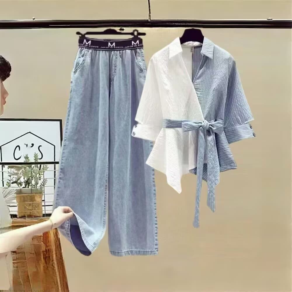 Wholesale Plus Size Women's Summer Set Striped Patchwork Shirt and Jeans Two-Piece Outfit for 200 lbs