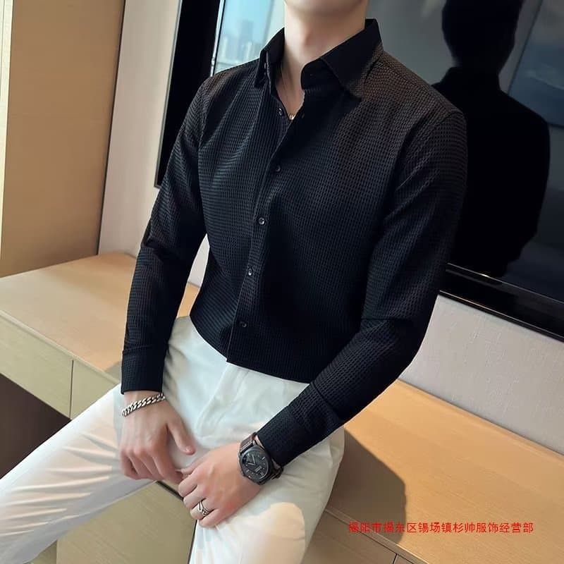 Men's Shirt Long Sleeve 2023 Spring New Waffle Solid Color Shirt Jacket Men's Clothing Shirt Trendy Dropshipping