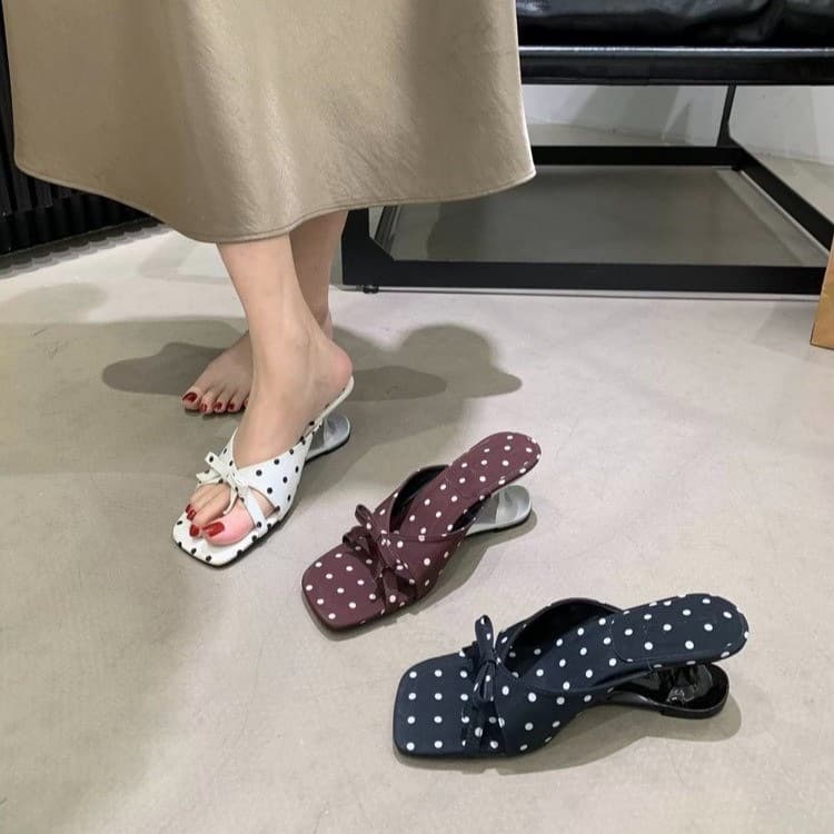 French Polka Dot Bow High Heels for Women Summer Wear with Dresses One-Strap Wedge Sandals Women's Slippers