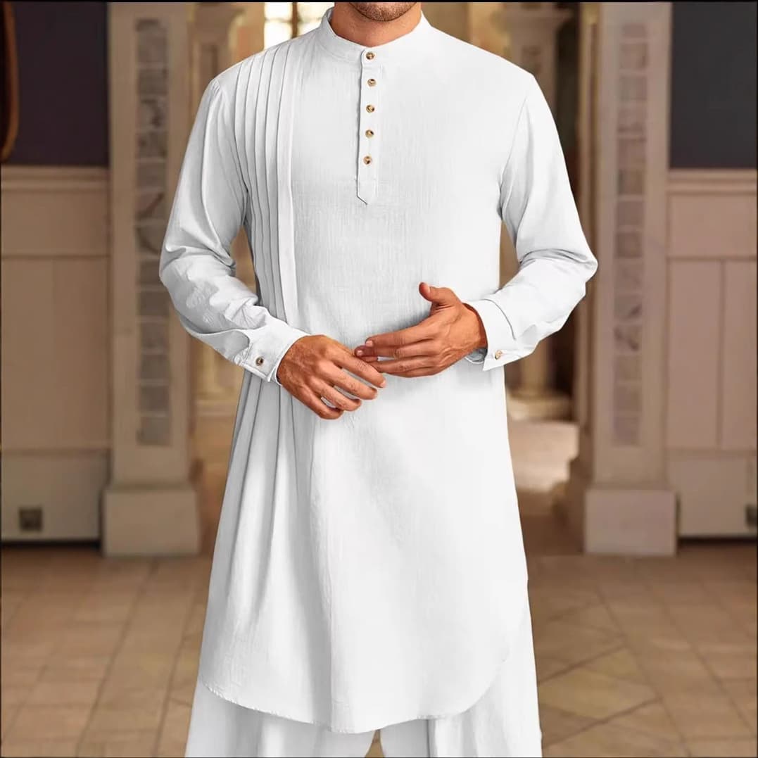 New 2025 Men's Muslim Button Cotton Linen Shirt Middle East Arab Malaysian Long Robe Casual Wear West Suit by Chinese Manufacturer