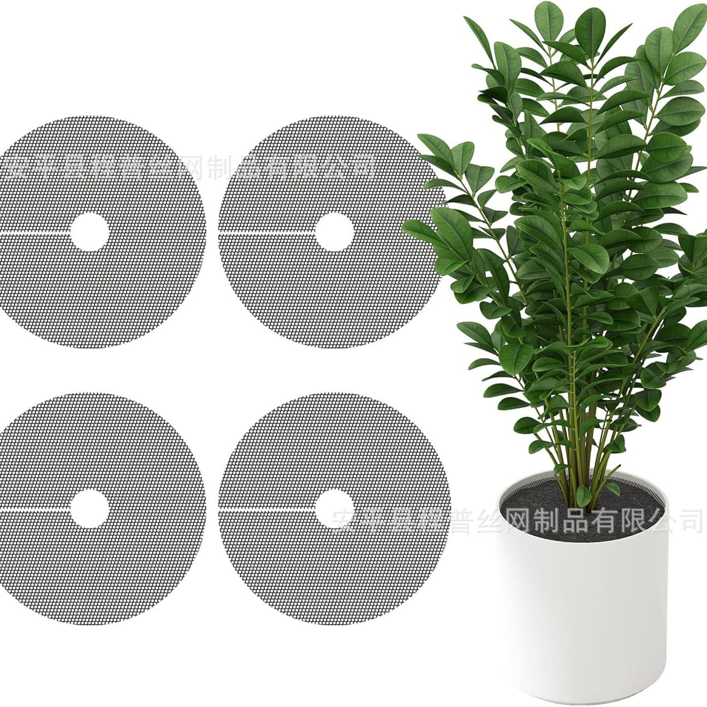 Circular plastic mesh indoor plant pot soil protector cover, plastic mesh with perforated design to stabilize soil and prevent tipping.