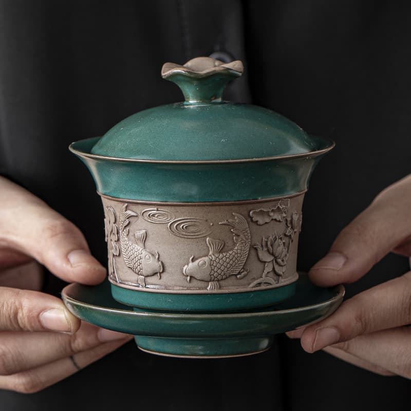Ru Kiln Three-Talents Covered Tea Bowl Premium Home Chinese-Style Tea Bowl with Lid for Brewing Kung Fu Tea Ceramic Tea Set Offering Tea Bowl
