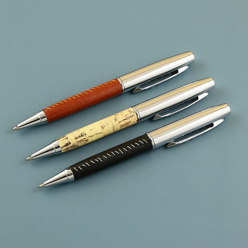 Supply of retro map pattern cork leather ballpoint pen, cross-stitched white line leather rotating medium oil pen ballpoint pen
