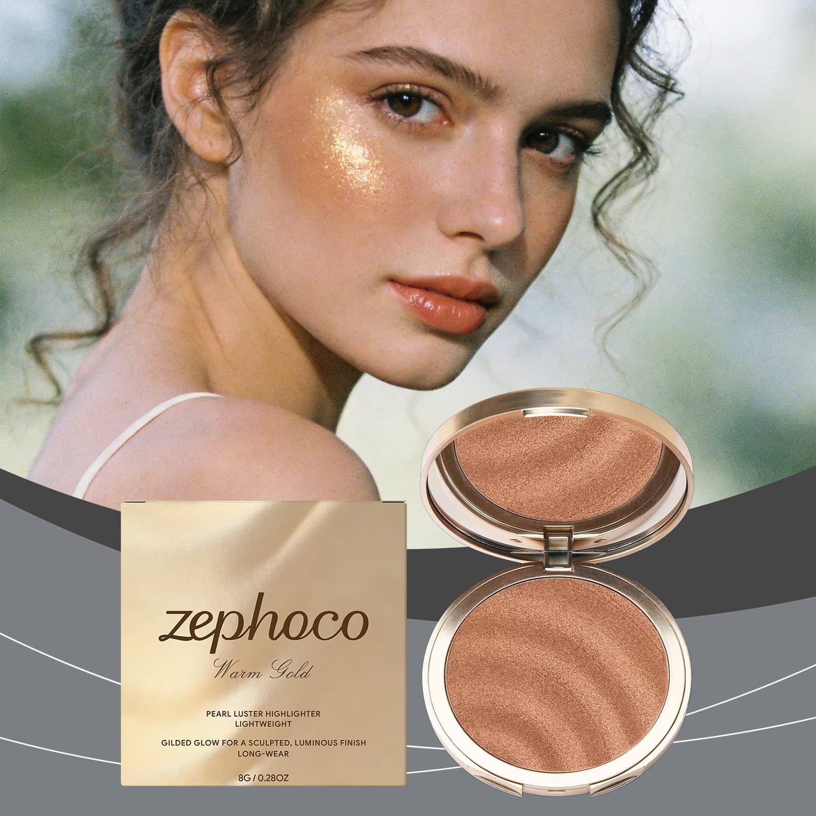zephoco Gilded Highlight Powder Compact (Warm Gold) Silky Skin-Adhering Natural Matte Lightweight Fine Powder Compact