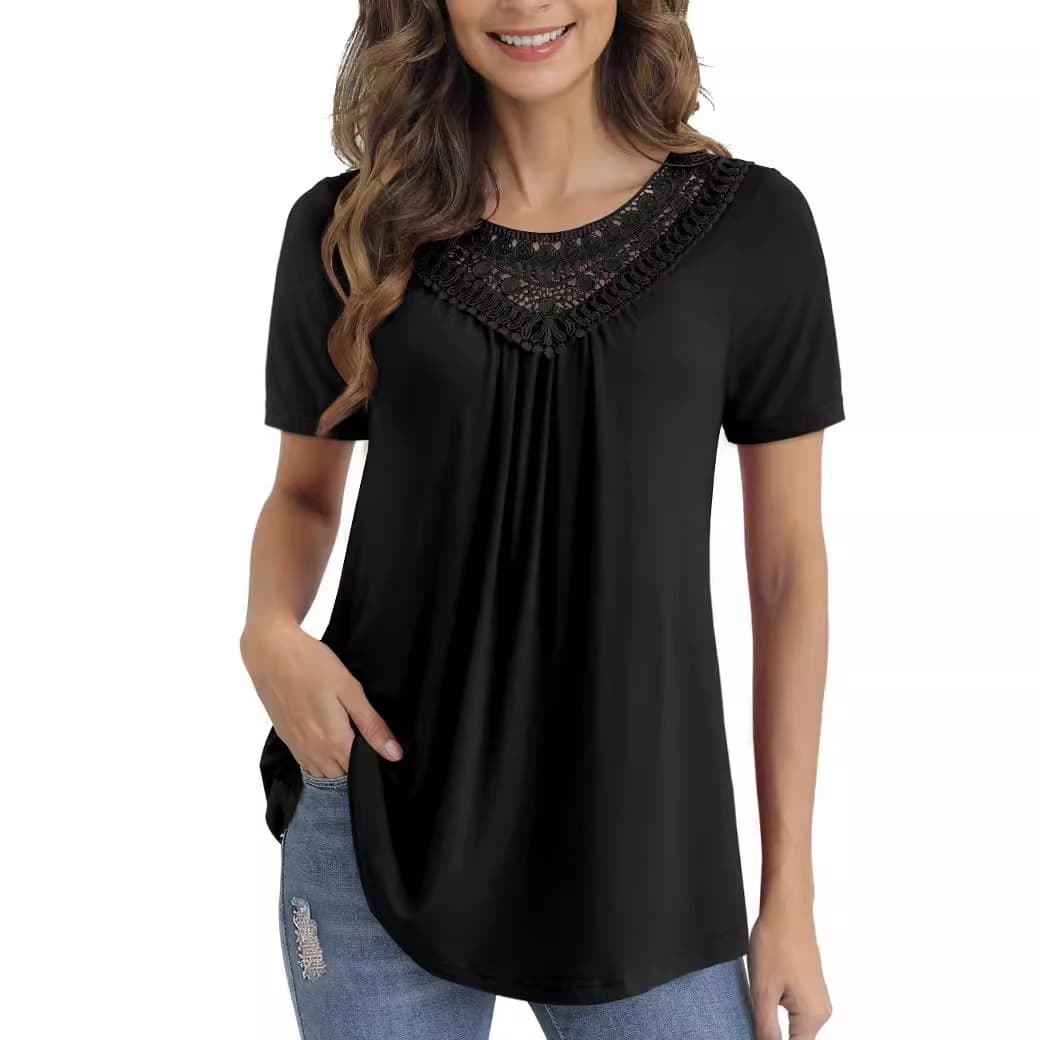 Amazon Cross-border Women's Plus Size Summer Tops Short Sleeve Lace Pleated Shirt Tunic Top M-4XL