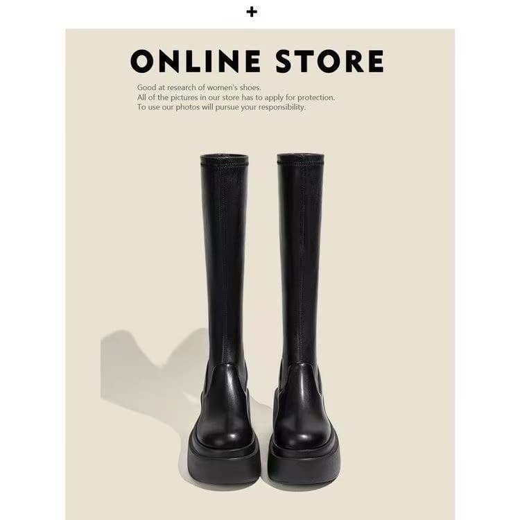 Master Handmade Genuine Soft Leather Thick Sole Long Boots Women Elastic Slim Boots Height Increasing Long Boots High Tube Knight Boots Women Boots