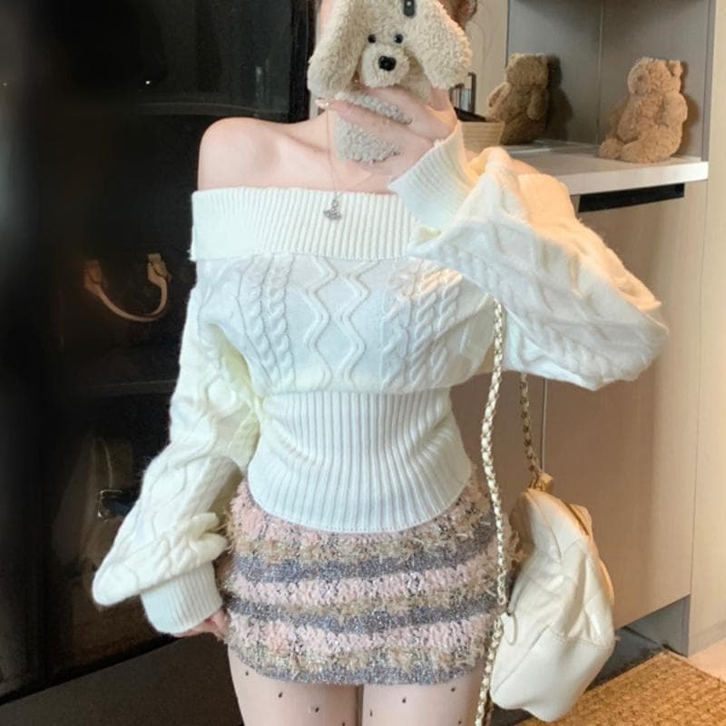 Pure and Sexy Off-Shoulder Long-Sleeve Sweater for Women 2025 Winter New Waist-Tightening Slimming Cable Knit Top