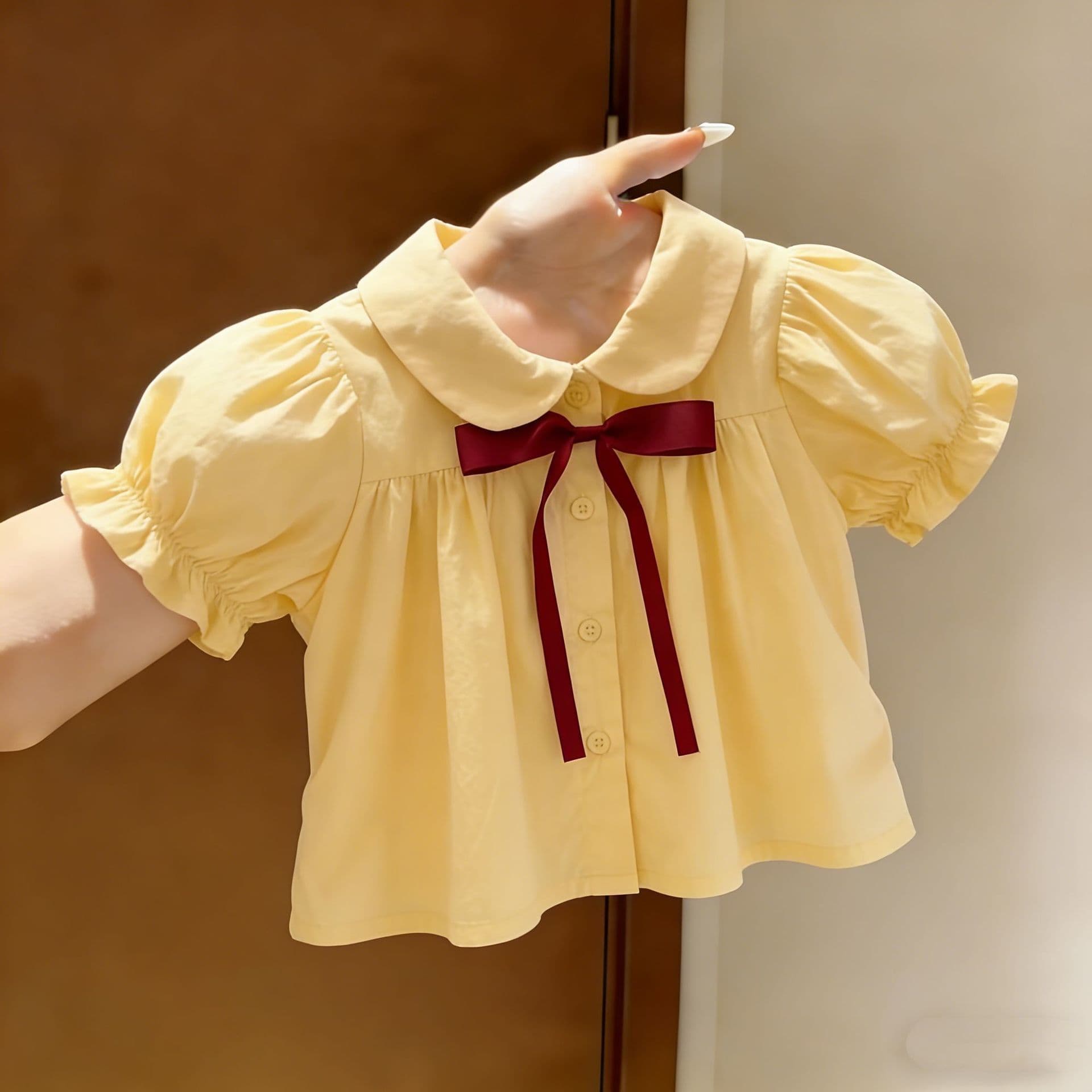 Summer woven yellow puff sleeve shirt red bow children's tops college girls short-sleeved baby shirt
